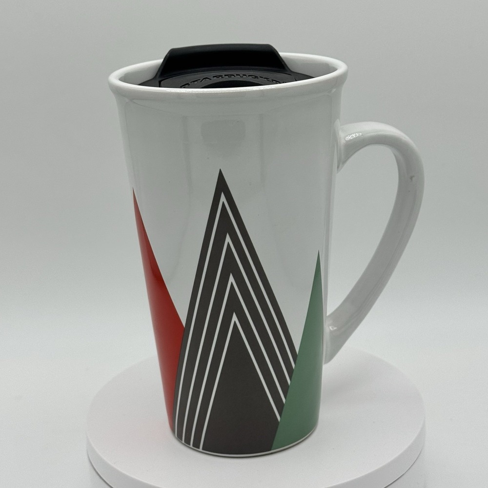 Starbucks 14oz Ceramic Travel Mug With Lid Red‎ Green Geometric Coffee Cup